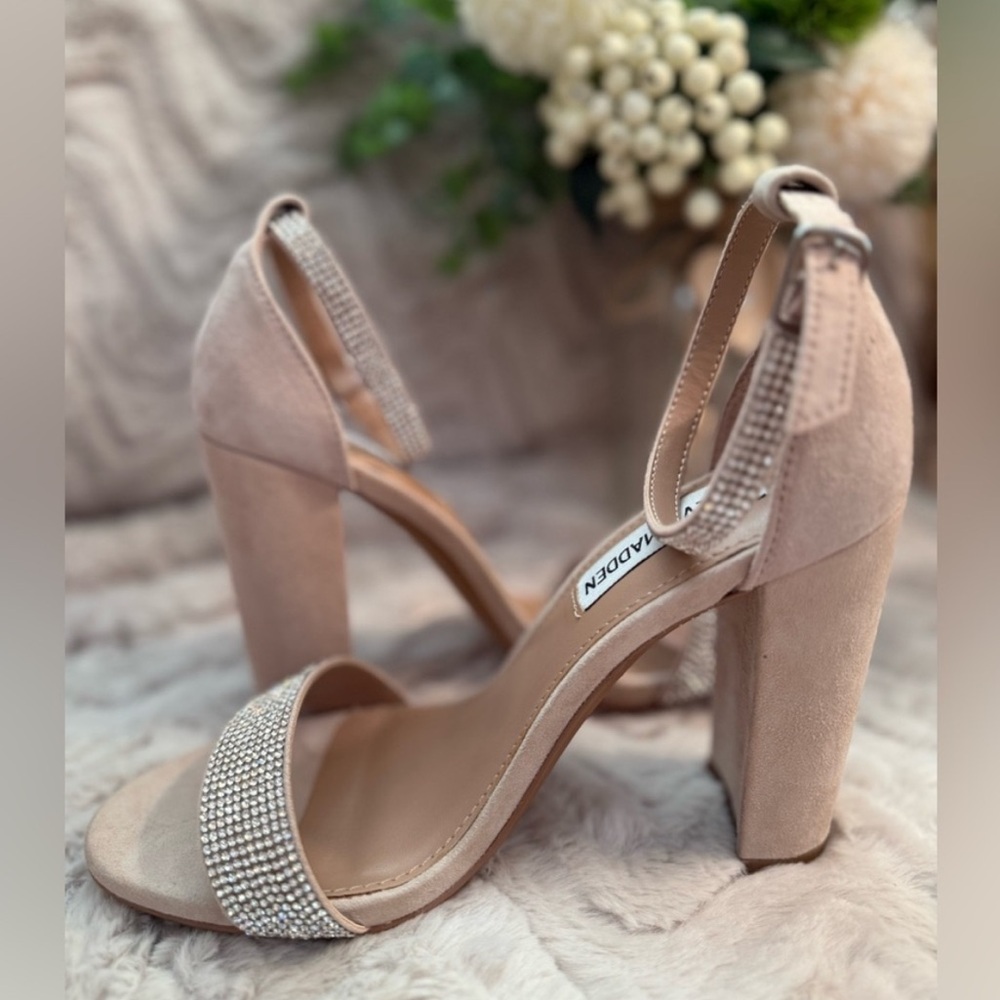 Steve Madden Kalina Rhinestone Nude Suede Heels - Picture 2 of 6